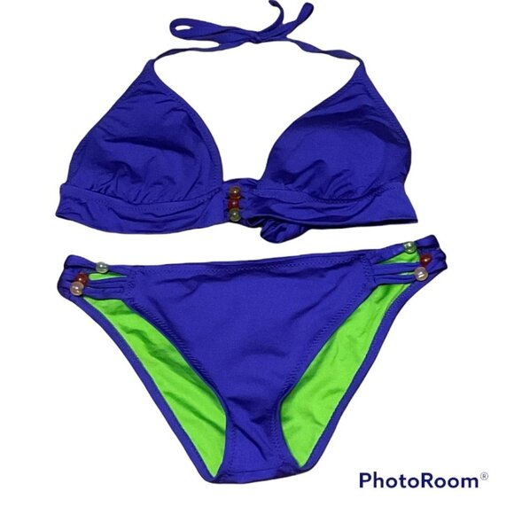 Becca 2pc Swimsuit Top D Bottom Lg Purple Green Beaded Nylon Spandex Preloved - Picture 1 of 8